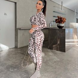 Hot Sell Women Fashion Suits Alphabet Print Crewneck Long-sleeved Top High Waist Hip-lifting Leggings Two-piece Sets