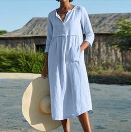 Dresses 2021 Cotton Linen O Neck Women Dress Pocket Patchwork Knee Length Women Dress Three Quarter Loose Waist Nature Fibre Vestido 5XL