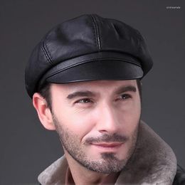 Berets Genuine Soft Leather Driving Flat Top Hat Autumn And Winter 2023 Men's Fashion Beret Outdoor Sports Warm Octagonal