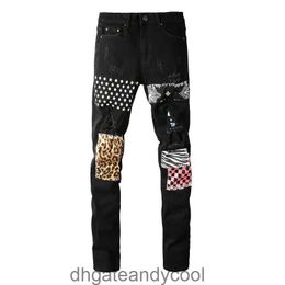 brand Denim black Amirres Jeans washes Designer Pants cow Man fashion water and breaks holes making old contrast Colour patches slimming versatile small l FFWJ