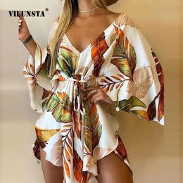 Dresses New Summer Women Elegant Dresses Sexy V Neck Laceup Floral Printed Mini Dress Casual Flared Sleeve Irregular Ladies Party Dress