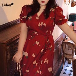 Plus size Dresses Elegant Size Women's Clothing V-Neck Floral Printing A-line Summer Vintage Bandage Chiffon Puff Short Sleeve Red Dress 230518