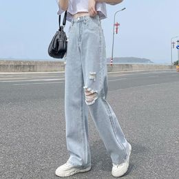 Jeans Light Blue Denim Trousers Vintage Wide Leg Jean Women Korean Straight Long Pants High Waist Casual Loose Broken Holes Denim Pant