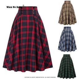 Skirts Vintage Pleated Plaid Skirt Autumn Winter High Waist Korean Style Preppy Midi Button Decoration Plus Size SS0037 230519