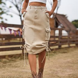 Skirts Women's Denim Drawstring Stretch Cargo Midi Fashion High Waist Slimming Mid Length Skirt Europe And America Streetwear