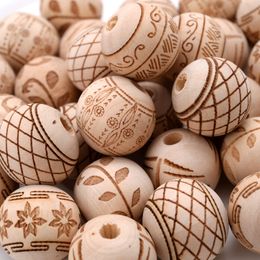 Baby Teethers Toys 18mm 30Pcs Natural Hemu Carved Wooden Round Loose Beads Fashion Crafts Kid Jewellery Bracelet Teether Accessories 230518