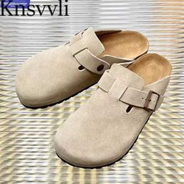 Slippers New Slippers Women Round Toe Slides Woman Spring Autumn Suede Leather Flat Shoes Metal Buckle Loafers Modern Slippers Men X230519