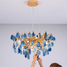 Chandeliers Retro LED Natural Agate Colourful Green Blue Creative Lighting Foyer Living Dining Room Restaurant Bedroom Cord Lamp