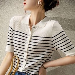 Women's Polos Women 2023 Summer Contrast Colour Striped Tops Female Short-sleeved Thin T-shirt Ladies Ice Silk Knitted Polo Shirt A152