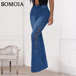 bottoms Plus Size Women Denim Bottoms High Waist Cowboy Flared Pants Hollow Out Metal Ring Decoration Trouser Streetwear Jeans Wholesale