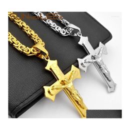 Pendant Necklaces Sunnerlees Stainless Steel Jesus Christ Cross Necklace Byzantine Link Chain Sier Colour Gold Plated Men Boy Gift Dr Dhroh