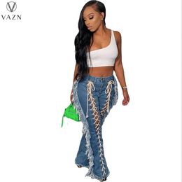 Jeans VAZN 2022 New Special Heavy Industry Cross Bandage Top Sexy Club Young Highend Solid Women Skinny Long Boot Cut Denim Pants