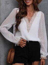 Women's Blouses Fashion Women Lace Chiffon Elegant Mesh Long Sleeve Casual White Shirt 2023 Loose Solid Lady Tops Blusas 24890