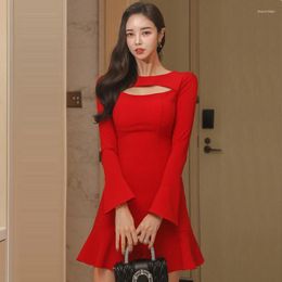 Casual Dresses Elegant Formal Dress Red Hollow Flared Sleeve Long Ruffled 2023 Spring Autumn Slim Bodycon Party Club