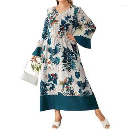 Ethnic Clothing Muslim Women's Dress Fashion V-Neck Trumpet Sleeve Floral Print Dubai Arab Turkey Islam Femme Elegant Gown Vestidos