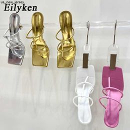 Slippers Eilyken Design Gold Silver Women Slipper Square Pinch Toe Low Heels Slides Sandal Vacation Flip Flops mujer Shoes J230519