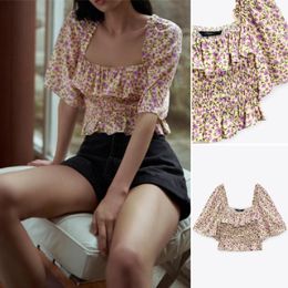 Women's Blouses COS LRIS 2023 Summer Fashion Layered Decorative Square Collar Loose Short-sleeved Honeycomb Stretch Print Top 2753641