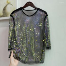Women's Tanks Mesh Diamond Crystal Coat Ultra Fairy Inside Take Party Bling Hollow-out Render Unlined Upper Garment And Shiny T Shirt