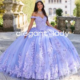 Lavender lilac Quinceanera Dresses Off Shoulder 3D Flowers Applique lace-up corset sweet 15 16 Prom Dress Birthday Party Wear