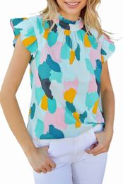 green Ruffle Cap Sleeve Frill Mock Neck Printed Top S6Bj#