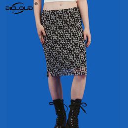 Dresses 90s Vintage Daisy Mesh Midi Skirt Women High Waist Sexy Skinny Pencil Skirts Harajuku Fashion Girls Floral Skirt Chic Streetwear