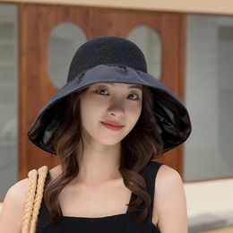 Wide Brim Hats Foldable Anti-UV Ribbon Pouch Sun Hat UPF 50 Bowknot Straw Bucket Packable Shade Beach