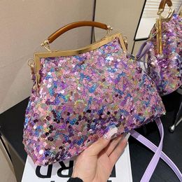 Evening Bags 2023 Fashion Women Clutch Metal Glitter Sequin Purple Gold Chain Shoulder Luxury Designer Wedding Prom Handbags