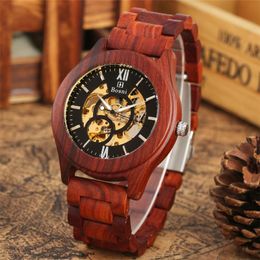 Wristwatches Gold Skeleton Mechanical Men Watch Red Wooden Automatic Timepieces Luminous Pointer Display Mens Watches Reloj Masculino