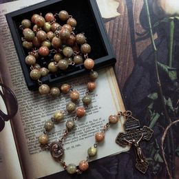 Pendant Necklaces Diyalo Natural Stone Beads Chain Ancient Color Crucifixion Cross Our Lady Virgin Mary Medal Rosary Necklace Pray Chaplet