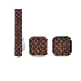 Linbaiway Wooden Cufflinks+Tie Clips+Box Set for Mens High Quality Brand French Shirts Square Cassic Cufflinks Gift Cuff Buttons