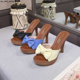 Slippers super high heels bowknot denim slippers women new designer stiletto heel summer slides shoes woman blue jeans peep toe sandalias J230519