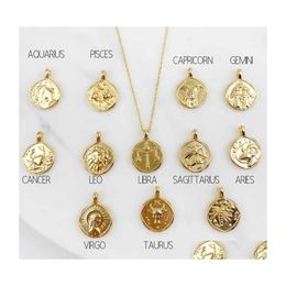 Pendant Necklaces Gold Zodiac Necklace For Women Stainless Steel Aquarius Scorpio Leo Picses Capricorn Horoscope Medallion Astrology Dh5O8