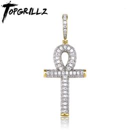 Pendant Necklaces TOPGRILLZ Solid Back Ankh Cross Necklace Mens Women Hip Hop Pendant Necklaces Iced Out AAA Bling CZ Stone Gifts Drop 230519