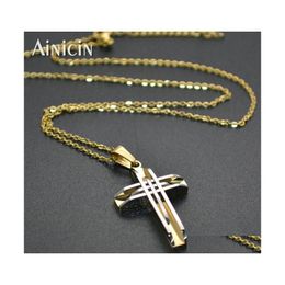 Pendant Necklaces Stainless Steel Gold Sier Relation Of Cross Chain Necklace 18X30Mm Fashion Mens Punk Jewellery Birthday Giftpendant Dhnjr