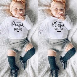 Family Matching Outfits Prayed for One Blessed with Two Funny Print Twins Baby Bodysuits Boys Girls Long sleeved jumpsuit Baby Twins Coming Home Outfit G220519