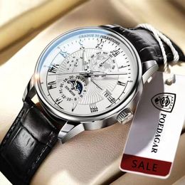 Wristwatches POEDAGAR Men Watch Fashion Leather Waterproof Luminous Top Brand Luxury Mens Quartz Wristwatch Men Sport Casual Watches 230519