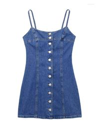 Casual Dresses Summer Women's Single Breasted Open Back Sleeveless Strap Mini Denim Dress