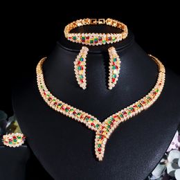 Wedding Jewelry Sets CWWZircons Heavy Stone Work Colorful Cubic Zirconia Luxury 4pcs Set for Brides African Indian Gold Plated T653 230519