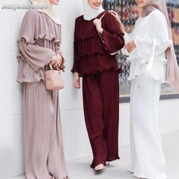 Ethnic Clothing Latest Two-Piece Outfits Women Elegant Pleated Ruffles Tops Pants Dubai Turkey Party Sets Fashion Kaftan Abaya Islamic