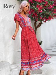 Basic Casual Dresses IRosy Summer Maxi Boho Beach Dresses for Women Vintage High Waist Elegant Green Floral Long Bohemian Dress Female Clothing 230519