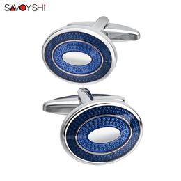 SAVOYSHI Classic Bussiness Cufflinks for Mens Shirt High Quality Oval Blue Enamel Cuff buttons Special Gift Free engraving name