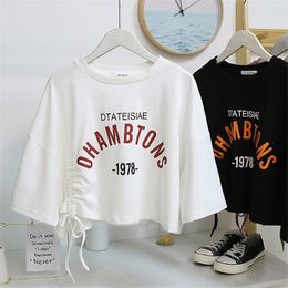 Womens TShirt Strings Folds Design Short Tops Sleeve Oneck Crop Streetwear Summer Casual Letter Printing T Shirt for Women 230519