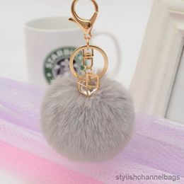 Keychains 8cm rabbit fur ball keychain inlaid rhinestone ladies key chain bag pendant