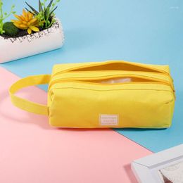 Simple Double Layer Solid Colour Canvas Pencil Bag Pen Case Stationery Multifunction Large Capacity School Student Pouch