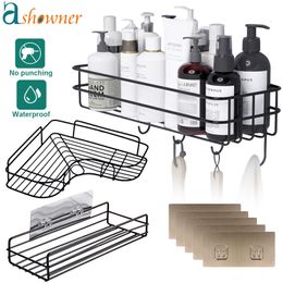 Bathroom Shelves Bathroom Shelf Shampoo Storage Rack Bath Hanging Basket Iron Cosmetic Holder PunchFree Kitchen Seasoning Organiser Accessories 230518