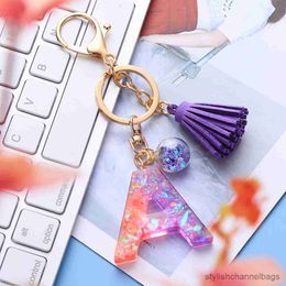 Keychains Resin Glitter Letter Keychain Pink Purple Color Splicing Tassel Pendant Keyring Fashion Charm Alphabet Keyholder Gift