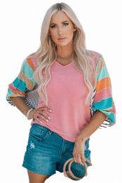 pink Stripe Color Block Bubble Sleeve Top 2023 Hot New I0EE#