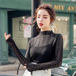 Women's Blouses Spring Autumn 2023 Women's Sexy See Through Lace Blouse Long Sleeve Transparent Stand Collar Elegant Shirt Fashion Women