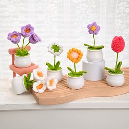 Decorative Flowers Tulips Crochet Hand Knitted Potted Plants Artificial Fake Flower Birthday Gift Living Room Decor