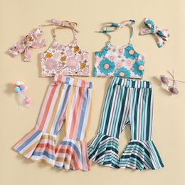 Clothing Sets FOCUSNORM 0-6Y Toddler Kids Girls 3Pcs Lovely Clothes Flowers Printed Sleeveless Halter Tops Striped Flare Pants Headband